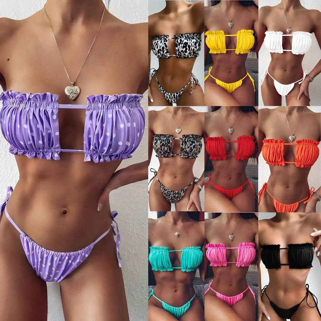 Women's sleeveless pleated hollow bikini set in multicolour gradient black with chest pad