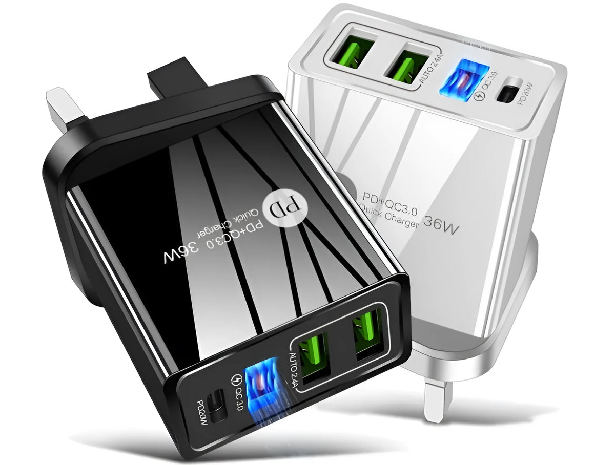 Four-port USB fast wall charger in a choice of colours including black and white.