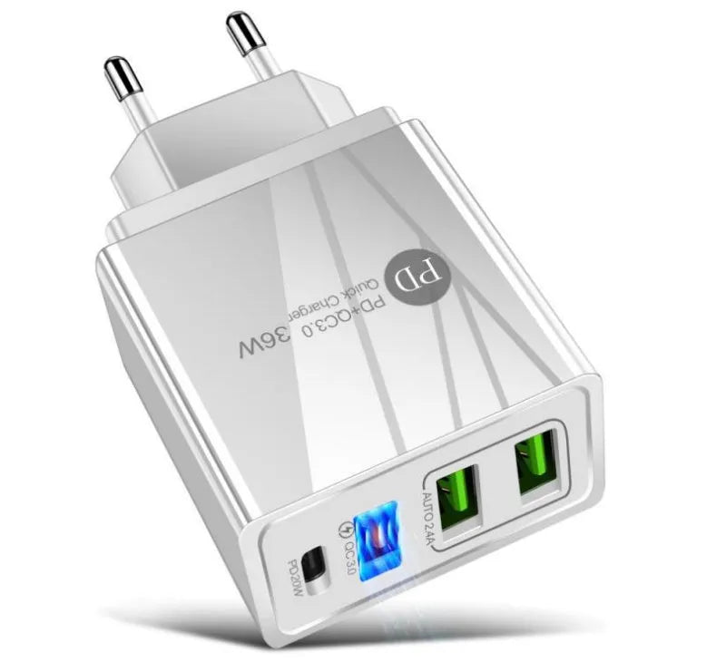 Four-port USB fast wall charger in a choice of colours including black and white.