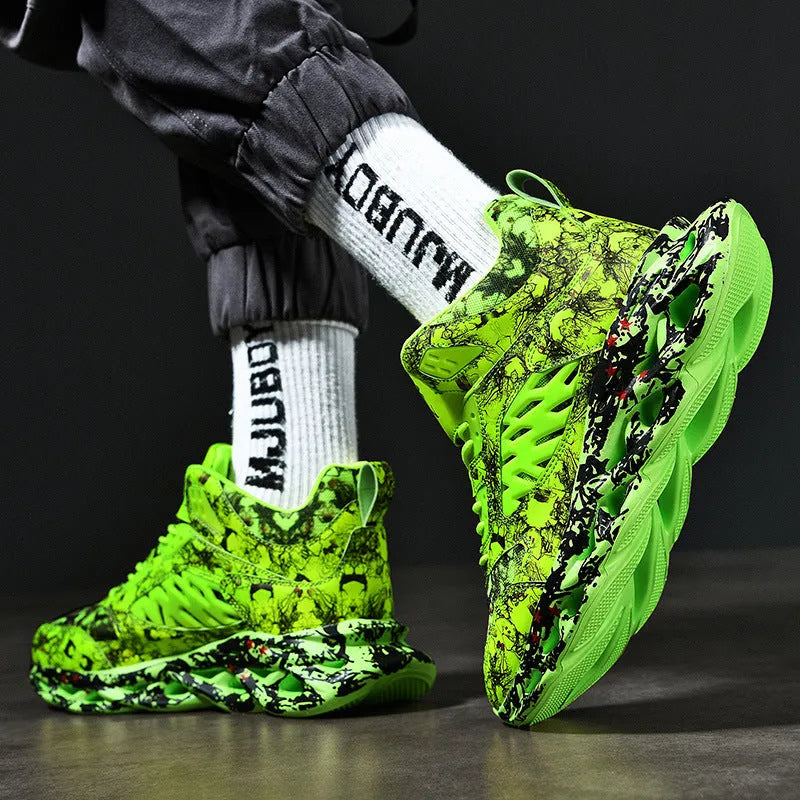 Men's camouflage blade shoes with round toe, low flat heel, mesh lining, rubber sole, front tie, sizes 39-48