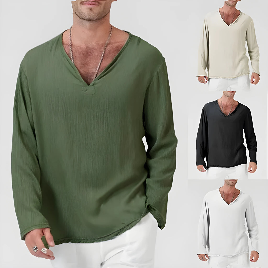 Cotton linen ethnic style men's V-neck long sleeve T-shirt in army green on model