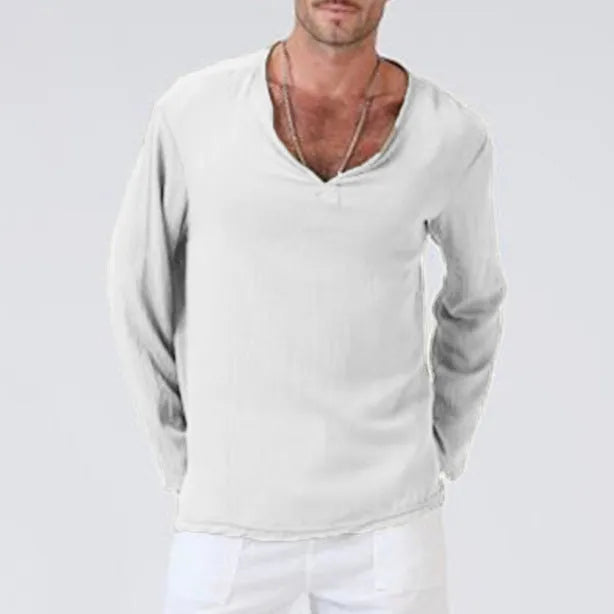 Cotton linen ethnic style men's V-neck long sleeve T-shirt in army green on model