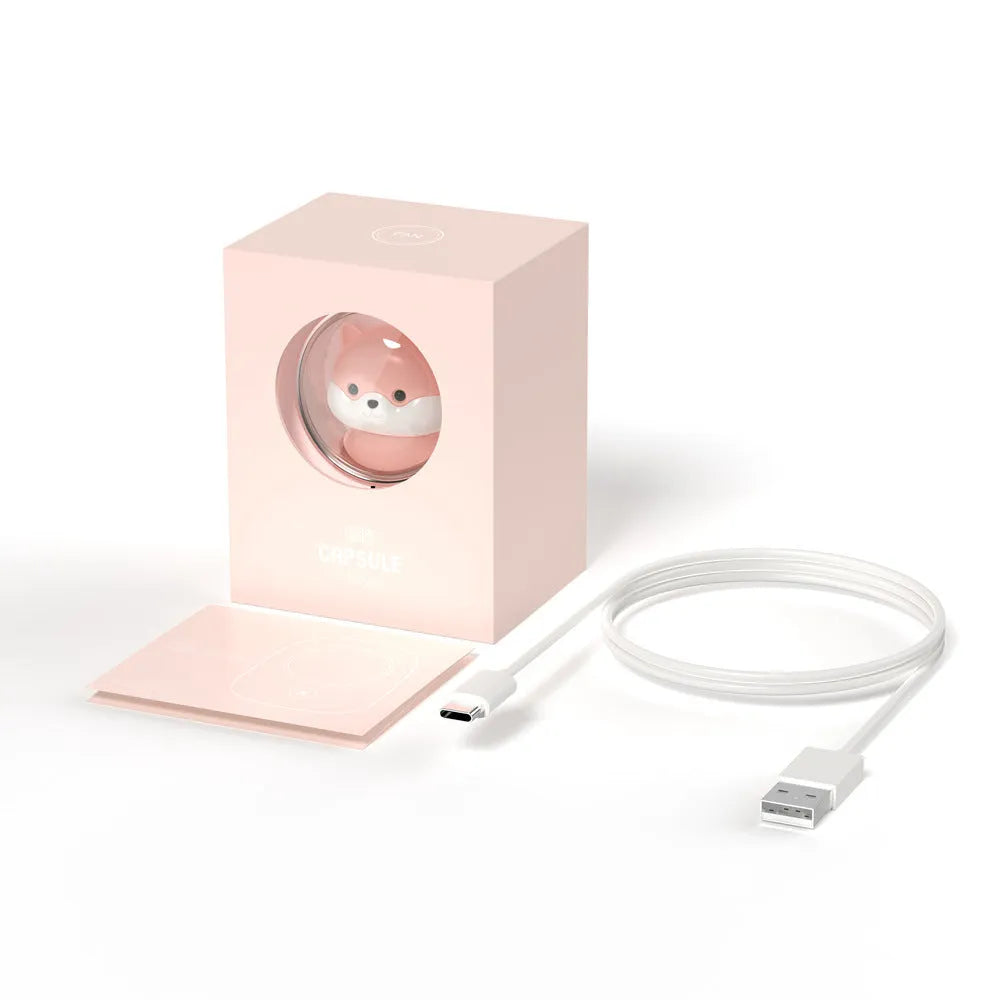 White portable hanging neck fan with USB charging cable and three-speed controls