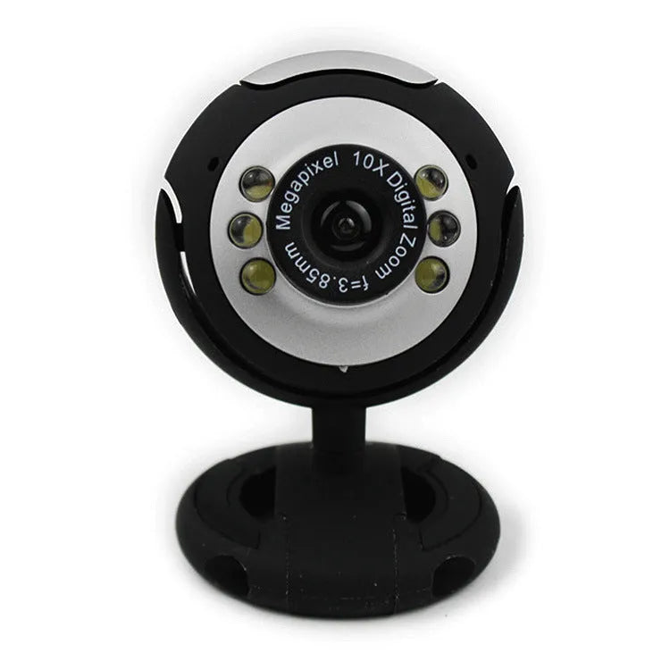 USB computer camera with six white LED lights around lens and manual dimming switch