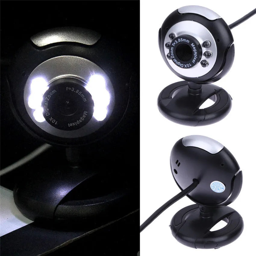 USB computer camera with six white LED lights around lens and manual dimming switch