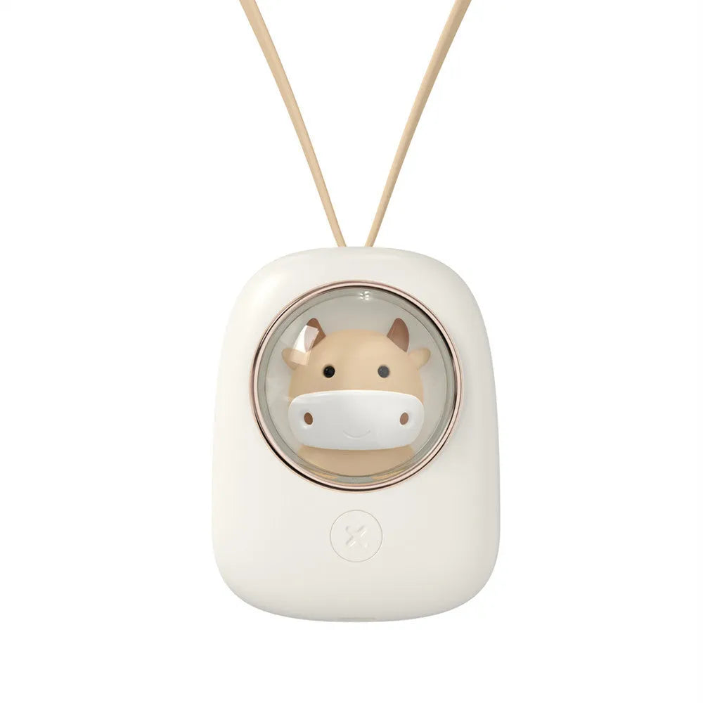 White portable hanging neck fan with USB charging cable and three-speed controls