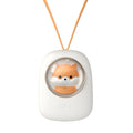 White portable hanging neck fan with USB charging cable and three-speed controls