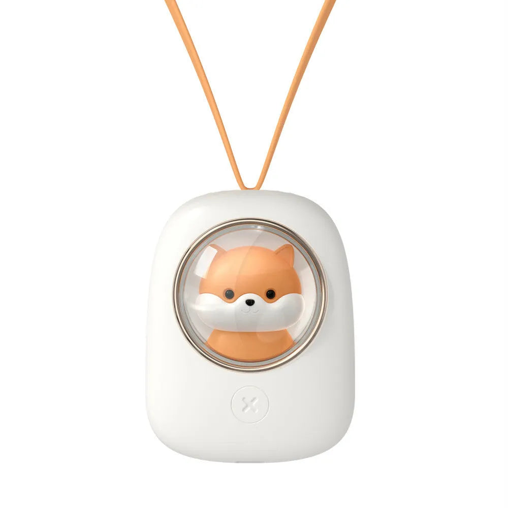 White portable hanging neck fan with USB charging cable and three-speed controls