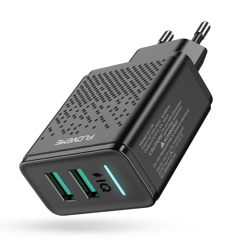 Black and white dual USB charger with EU plug showing two charging ports