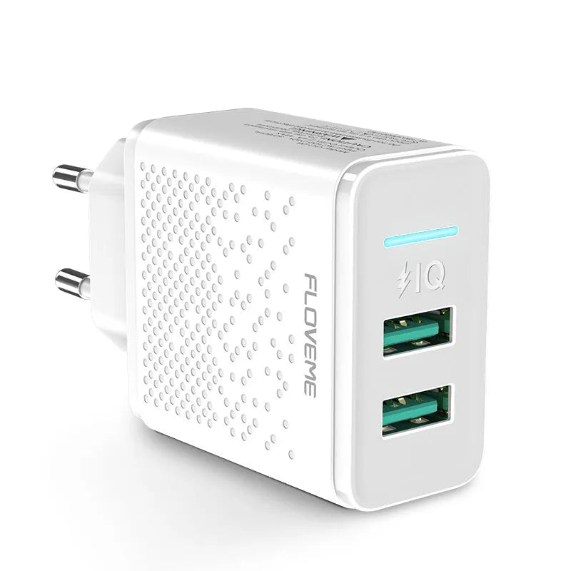 Black and white dual USB charger with EU plug showing two charging ports