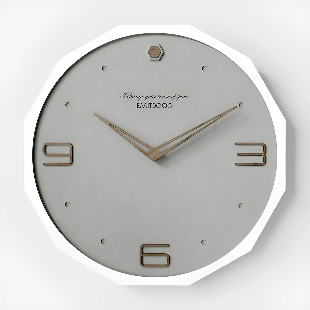 Nordic minimalist 12-inch round wall clock with perforated metal face in walnut and black colour combination