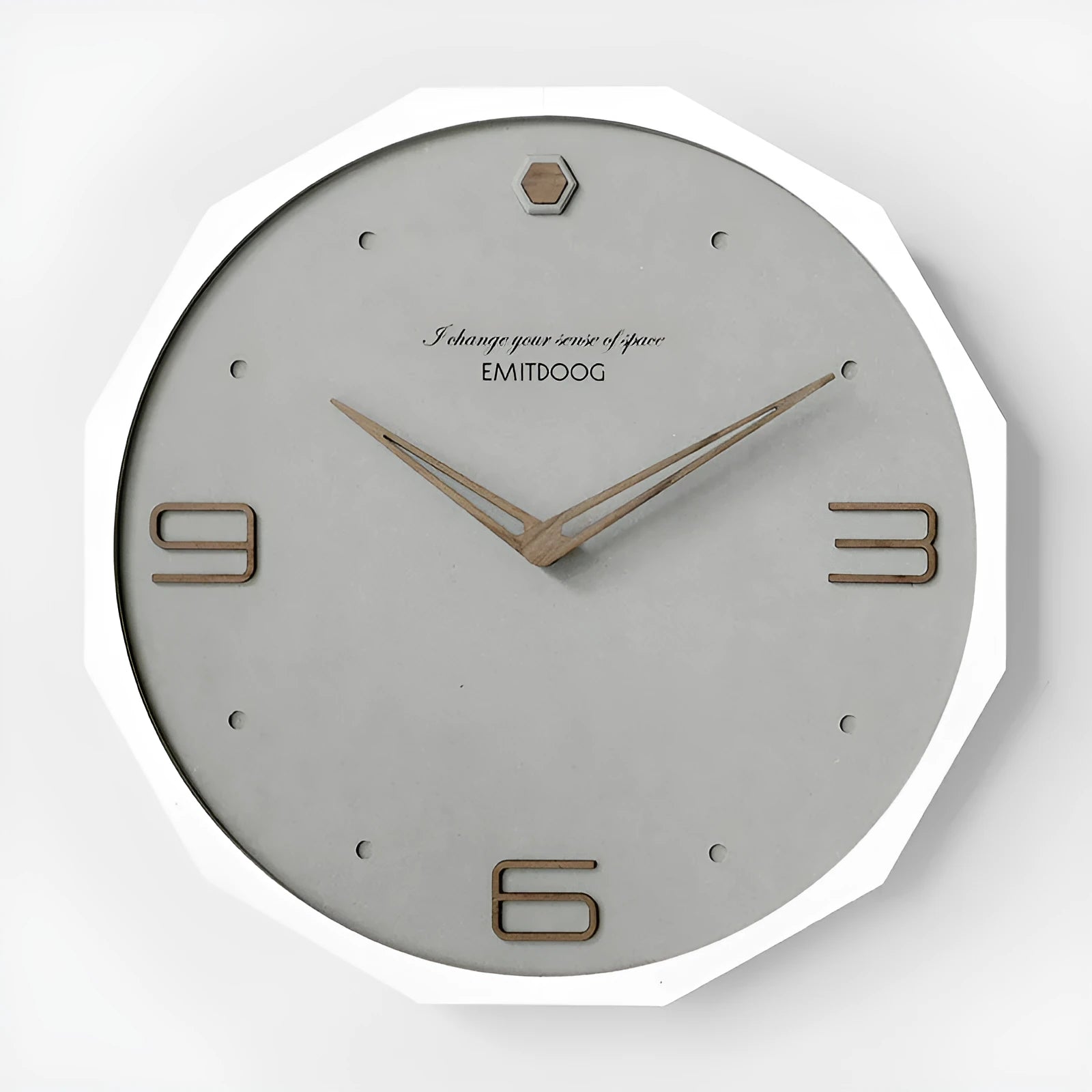 Nordic minimalist 12-inch round wall clock with perforated metal face in walnut and black colour combination