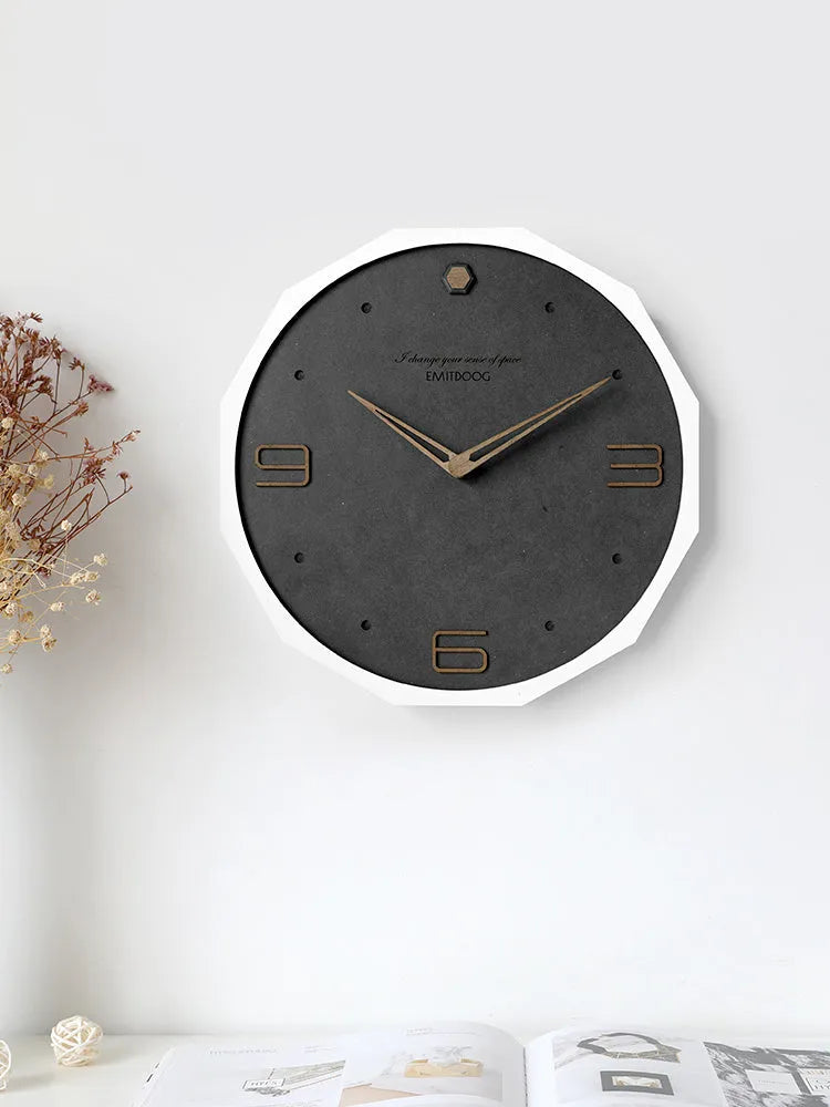 Nordic minimalist 12-inch round wall clock with perforated metal face in walnut and black colour combination