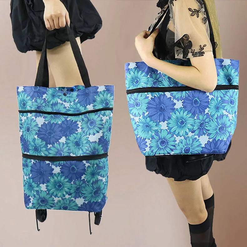 Foldable tug bag shopping cart in Oxford cloth with metal bracket, 10kg load, 45x40x14cm, sapphire blue red green orange