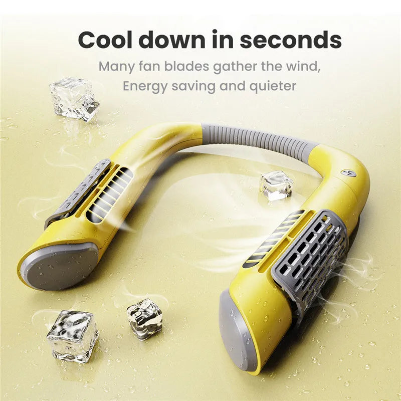 Bladeless neck fan in white green, pink, or yellow, 223x190mm, USB rechargeable with 3 speeds and 2000mAh battery.