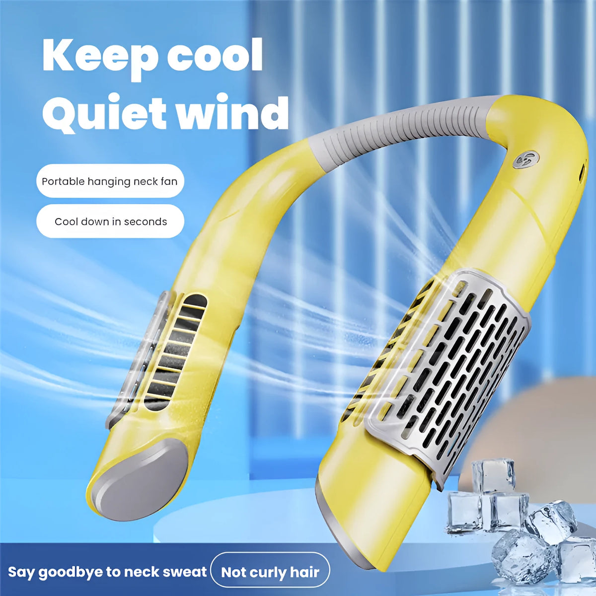 Bladeless neck fan in white green, pink, or yellow, 223x190mm, USB rechargeable with 3 speeds and 2000mAh battery.