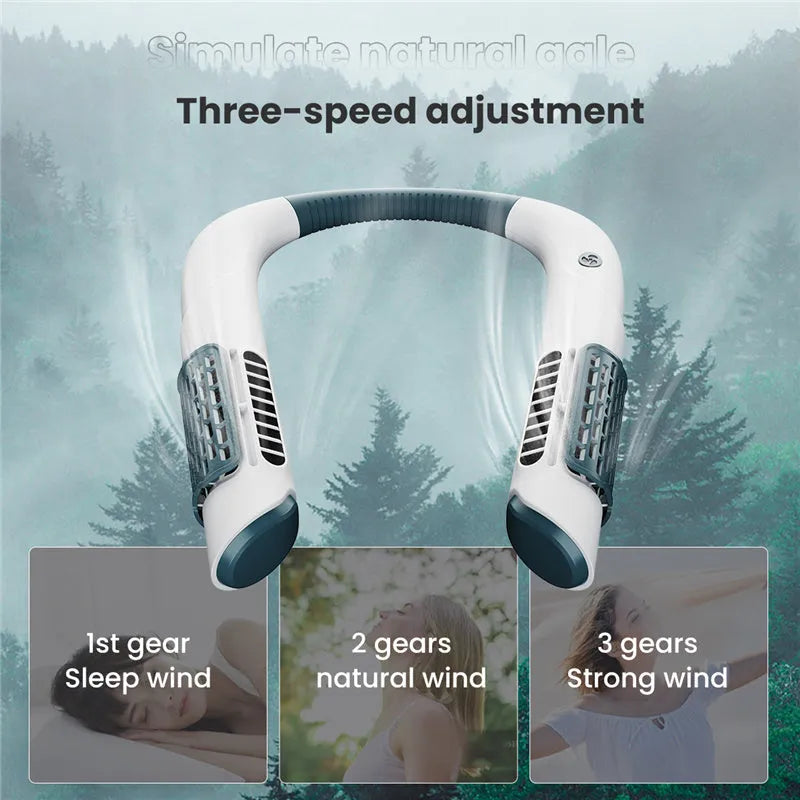 Bladeless neck fan in white green, pink, or yellow, 223x190mm, USB rechargeable with 3 speeds and 2000mAh battery.