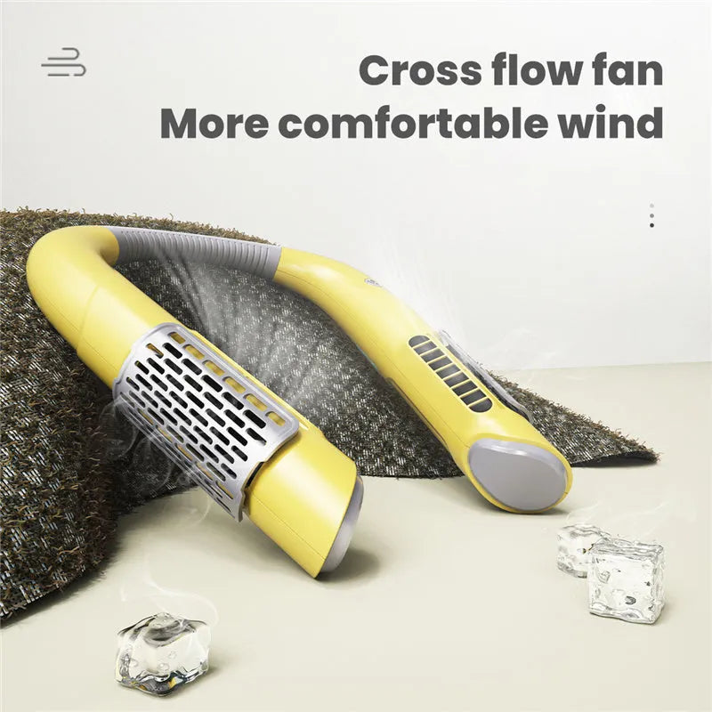 Bladeless neck fan in white green, pink, or yellow, 223x190mm, USB rechargeable with 3 speeds and 2000mAh battery.