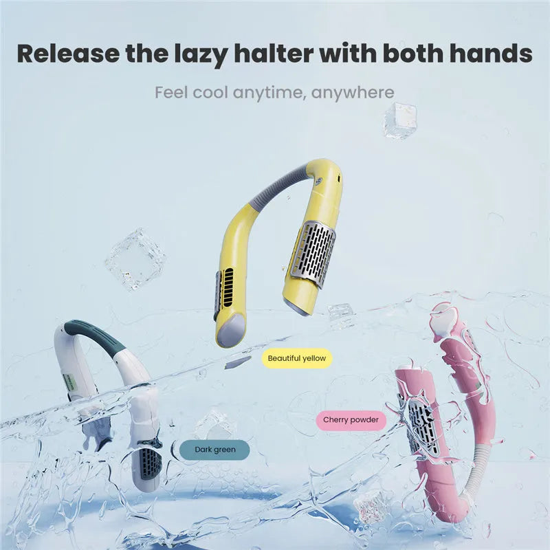 Bladeless neck fan in white green, pink, or yellow, 223x190mm, USB rechargeable with 3 speeds and 2000mAh battery.