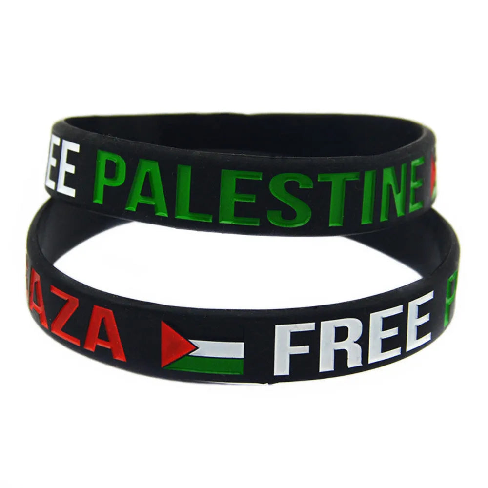 Palestine flag silicone wristband in black or white with ink inlay, unisex geometry bracelet, single or set option
