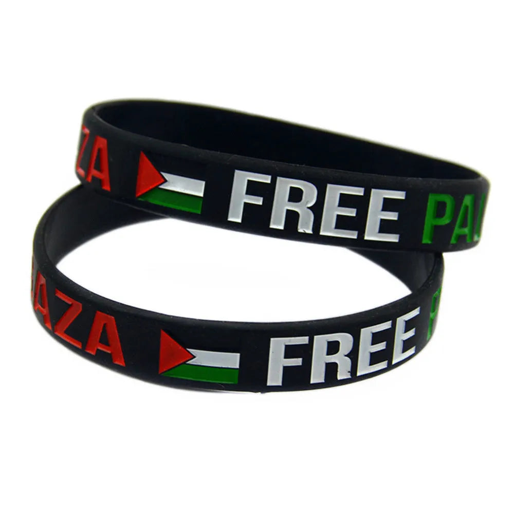 Palestine flag silicone wristband in black or white with ink inlay, unisex geometry bracelet, single or set option