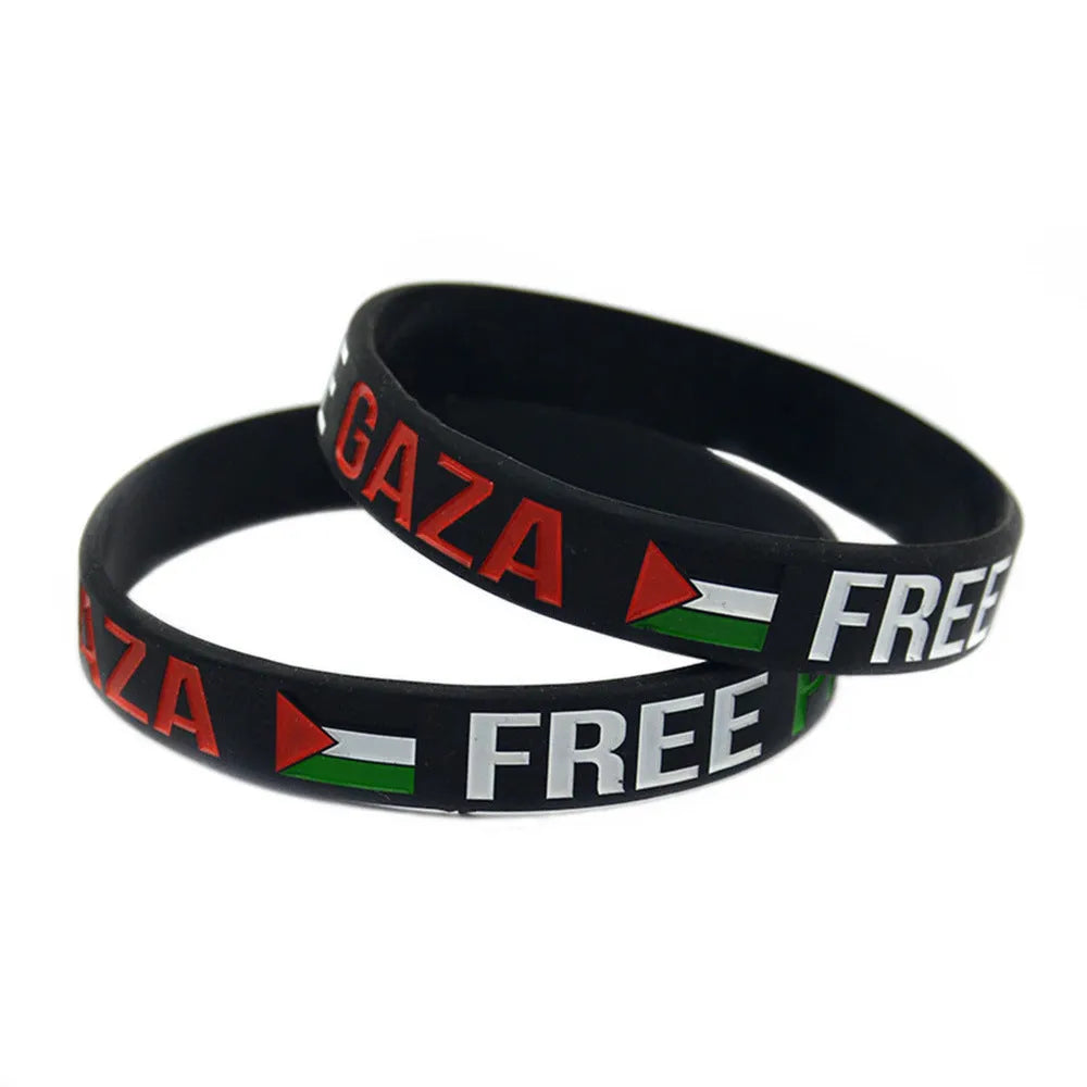 Palestine flag silicone wristband in black or white with ink inlay, unisex geometry bracelet, single or set option