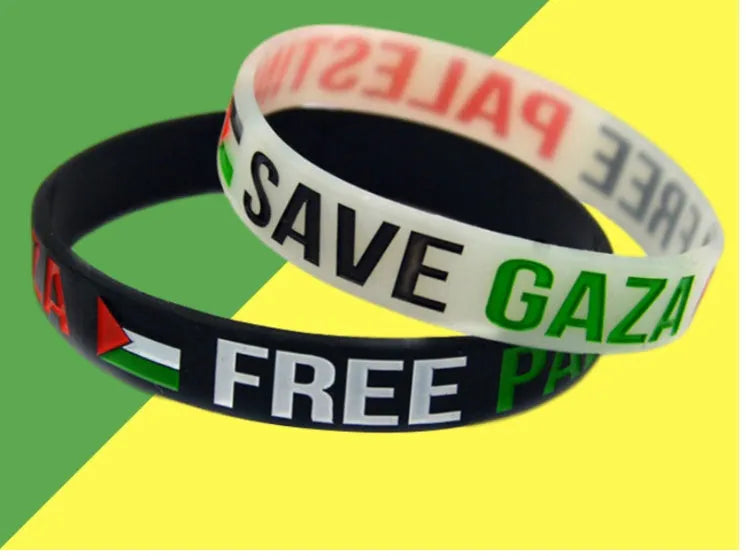 Palestine flag silicone wristband in black or white with ink inlay, unisex geometry bracelet, single or set option