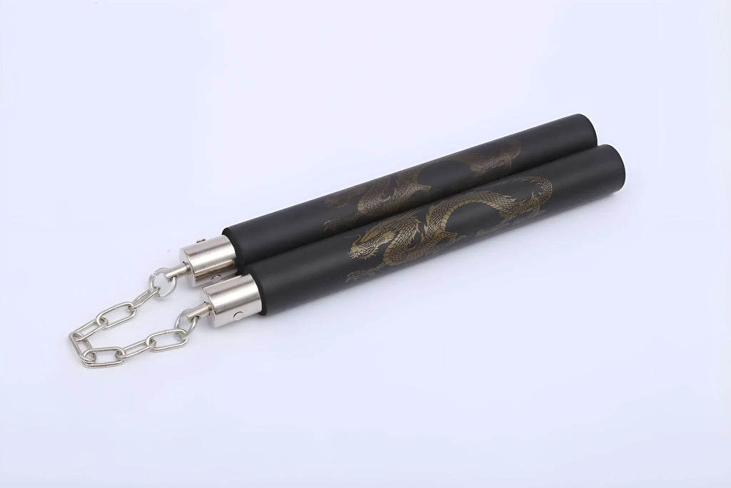 Red sponge nunchakus with EVA padding showing 28cm stick length and connecting chain