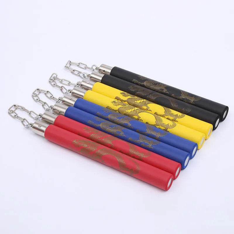 Red sponge nunchakus with EVA padding showing 28cm stick length and connecting chain