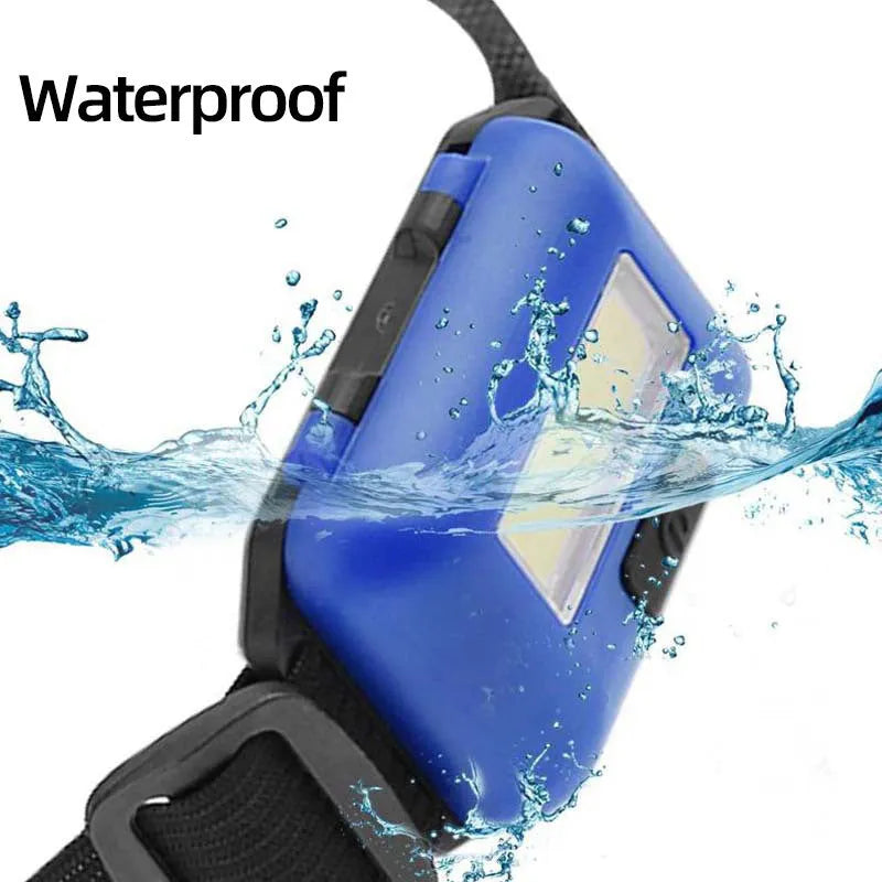 Compact black outdoor LED headlight with adjustable polyester headband, shown in use.