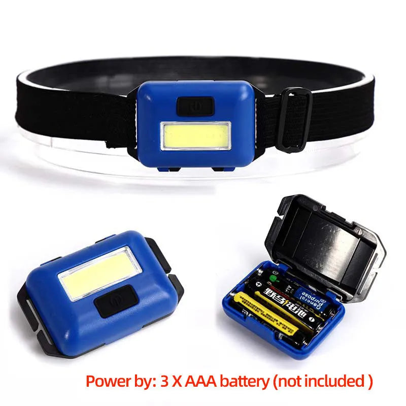 Compact black outdoor LED headlight with adjustable polyester headband, shown in use.