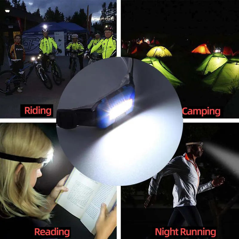 Compact black outdoor LED headlight with adjustable polyester headband, shown in use.