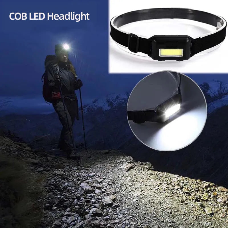 Compact black outdoor LED headlight with adjustable polyester headband, shown in use.