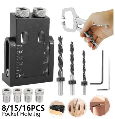 Black aluminium alloy woodworking perforation locator tool with 15-degree angle and drill bits