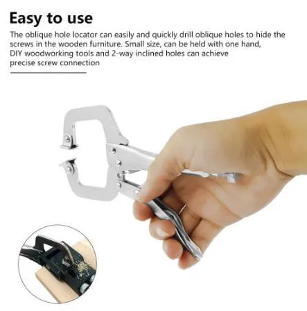 Black aluminium alloy woodworking perforation locator tool with 15-degree angle and drill bits