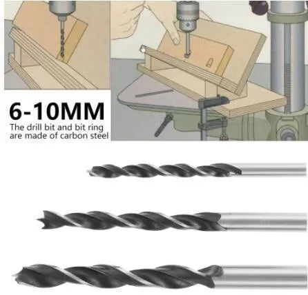 Black aluminium alloy woodworking perforation locator tool with 15-degree angle and drill bits