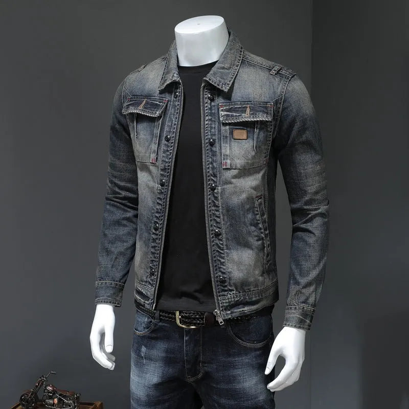 Men's plus size denim jacket in denim colour with oblique hem and side slit pockets, sizes M to 5XL