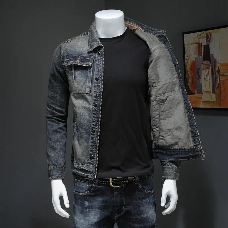 Men's plus size denim jacket in denim colour with oblique hem and side slit pockets, sizes M to 5XL
