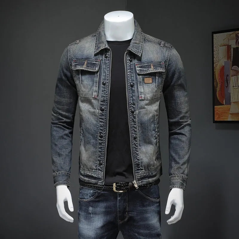 Men's plus size denim jacket in denim colour with oblique hem and side slit pockets, sizes M to 5XL