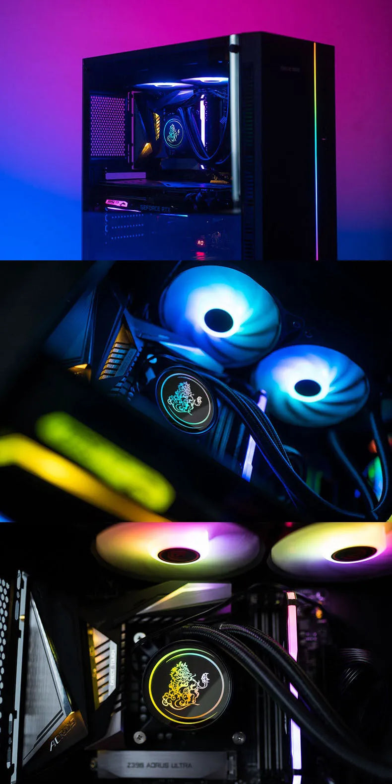 Kirin 240mm CPU water cooling radiator with colourful ARGB fan and copper-aluminum construction