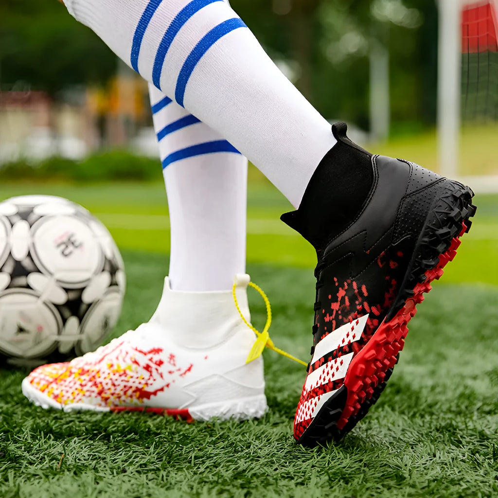 Black long-nail football boots with PU upper and rubber outsole for grass training