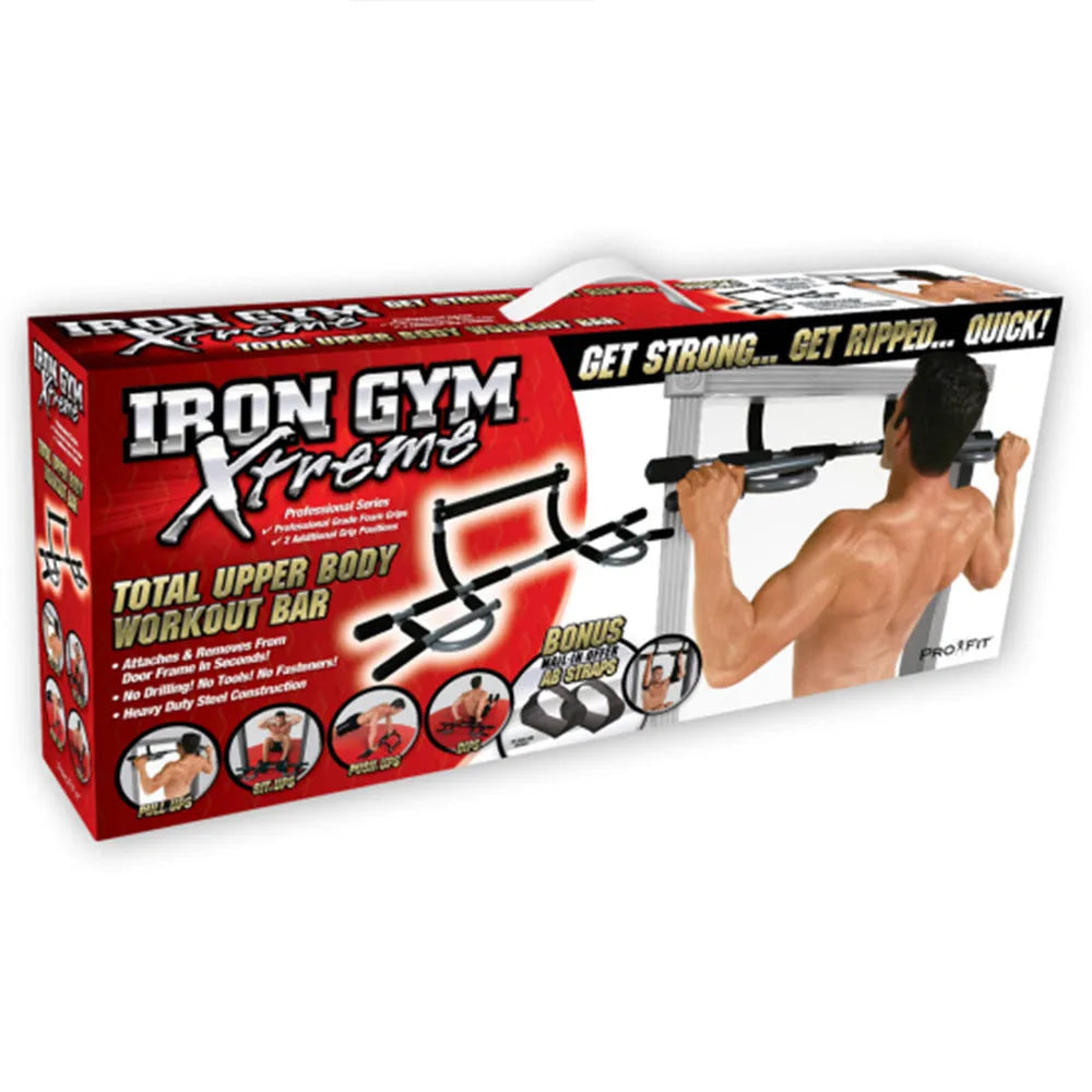 Black steel indoor pull-up tension bar for home gym fitness equipment.