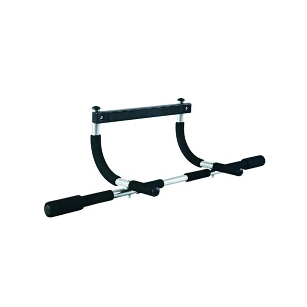 Black steel indoor pull-up tension bar for home gym fitness equipment.