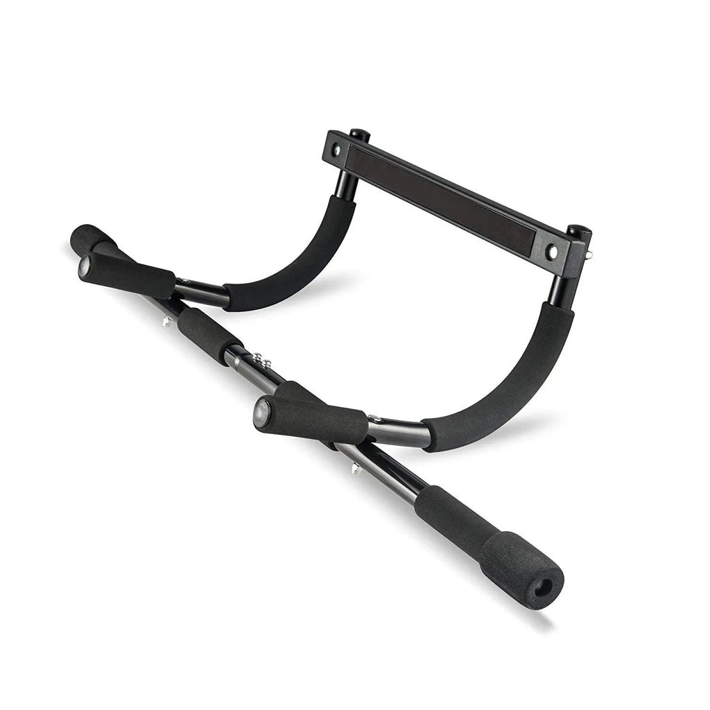 Black steel indoor pull-up tension bar for home gym fitness equipment.