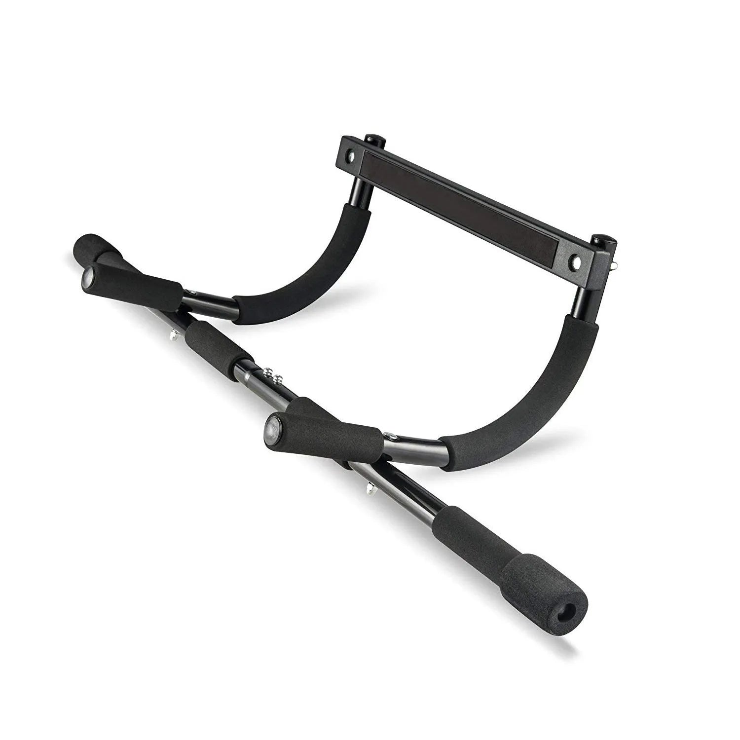 Black steel indoor pull-up tension bar for home gym fitness equipment.
