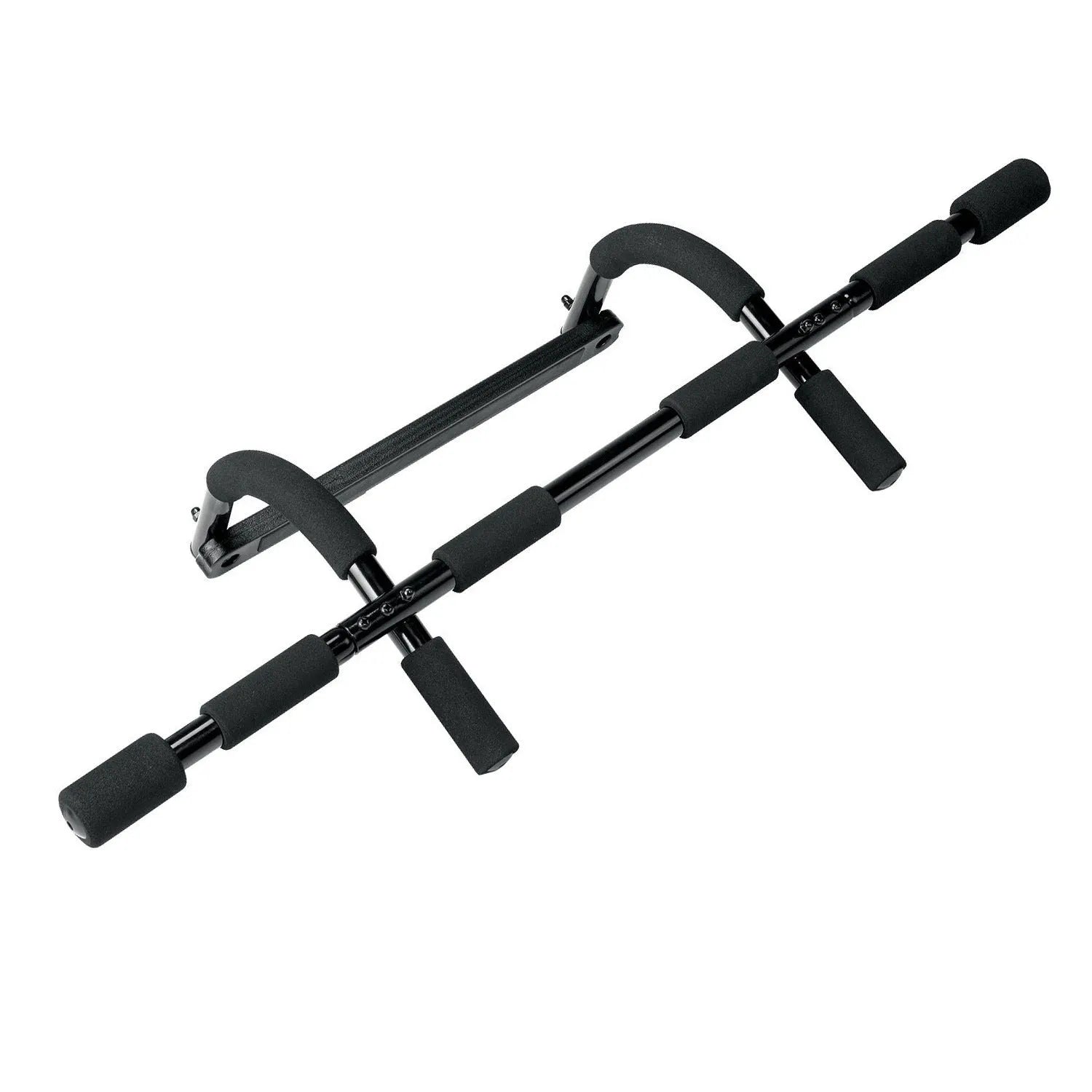 Black steel indoor pull-up tension bar for home gym fitness equipment.