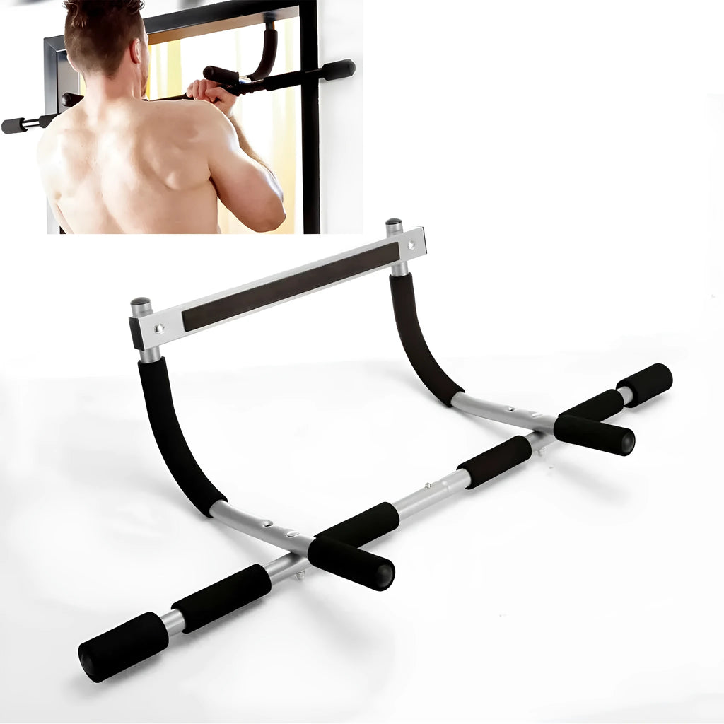 Black steel indoor pull-up tension bar for home gym fitness equipment.