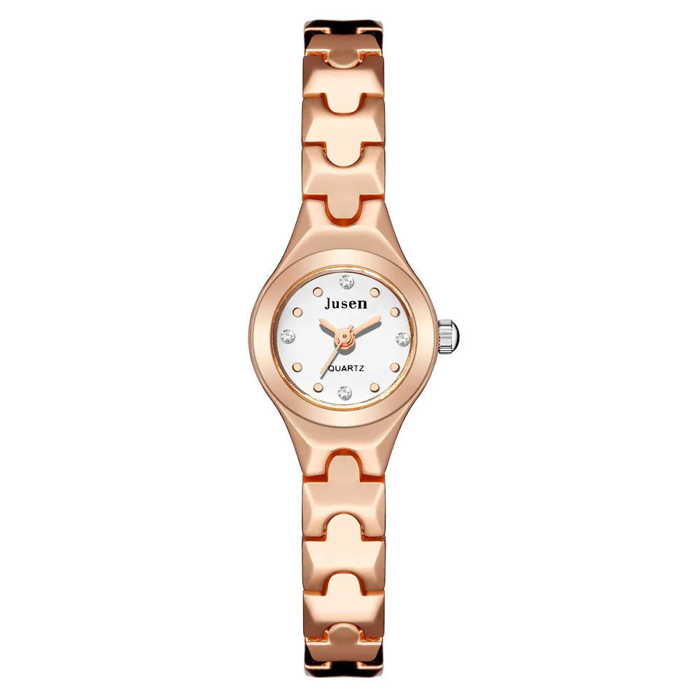 Small round ladies quartz bracelet watch with alloy case, alloy strap, stainless steel horseshoe buckle, and 20mm dial.