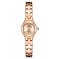 Small round ladies quartz bracelet watch with alloy case, alloy strap, stainless steel horseshoe buckle, and 20mm dial.
