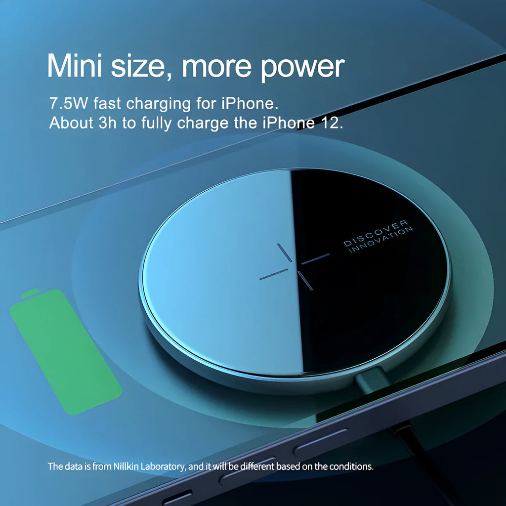 Black MagSlim magnetic wireless charger for smartphones showing 10W charging output